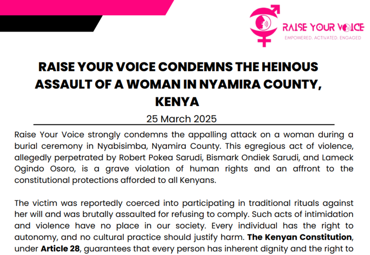 Raise Your Voice Condemns the Heinous Assault of a Woman in Nyamira County, Kenya